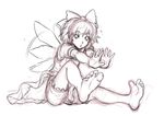  barefoot bloomers bow cirno feet full_body hair_bow hands highres kuro_suto_sukii monochrome open_mouth outstretched_arms short_hair sketch soles solo stretch toes touhou underwear 