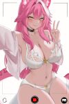  1girl animal_ear_fluff animal_ears black_choker blush bra breasts choker closed_mouth double-parted_bangs hair_between_eyes hair_intakes hand_up hashtag-only_commentary highres hololive hololive_english large_breasts lingerie long_hair long_sleeves looking_at_viewer multicolored_hair navel open_clothes open_shirt outstretched_arm panther_ears panther_girl panther_tail panties pink_hair pink_tail raora_panthera shirt simple_background sitting smile solo tail two-tone_hair underwear v very_long_hair viewfinder virtual_youtuber white_background white_bra white_hair white_panties white_shirt yellow_eyes yobi_(ybpac18) 