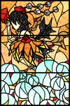  black_hair fan faux_traditional_media hat highres koutyousan scarf shameimaru_aya solo stained_glass tokin_hat touhou wings 