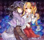  2girls :o argyle argyle_background argyle_legwear arm_up axe azuma586 black_hair blonde_hair blue_flower blue_rose bow braided_ponytail brooch commentary_request covering_mouth dress eyebrows_visible_through_hair eyes_visible_through_hair feet_out_of_frame flower frilled_shirt frilled_sleeves frills hair_between_eyes hair_bow hair_ribbon hairband hand_on_own_face holding holding_axe jewelry juliet_sleeves layered_dress leaning_on_person light_particles lolita_hairband long_hair long_sleeves looking_at_viewer multiple_girls original outstretched_arm pantyhose pinafore_dress puffy_sleeves purple_dress purple_ribbon red_bow red_dress red_eyes ribbon rose ruby_(gemstone) shirt side_ponytail sitting sparkle white_shirt yellow_eyes 