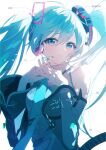  1girl absurdres aqua_eyes aqua_hair aqua_nails aqua_necktie aqua_trim breasts collared_shirt detached_sleeves grey_shirt hair_between_eyes hair_ornament harutoto hatsune_miku hatsune_miku_(append) hatsune_miku_(nt) hatsune_miku_(sp) hatsune_miku_(vocaloid3) hatsune_miku_(vocaloid4) hatsune_miku_(vocaloid4)_(chinese) headset highres light_blush long_hair long_sleeves looking_at_viewer miku_day necktie parted_lips piapro_studio shirt simple_background sleeveless sleeveless_shirt small_breasts solo twintails v4x very_long_hair vocaloid white_background wide_sleeves 
