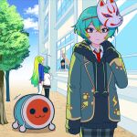  2girls 3boys :3 absurdres amitie_(taiko_no_tatsujin) animal_ears anime_coloring antlers aqua_armband aqua_hair armband arrow_(symbol) bandai_namco black_eyes black_skirt black_thighhighs blazer blue_gakuran blue_hood blue_hoodie blue_jacket blue_shirt blue_sleeve_cuffs blue_sleeves brown_eyes buttons character_request closed_eyes closed_mouth collared_shirt colored_bangs colored_eyelashes commentary_request crew_neck crossed_bangs dark-skinned_male dark_skin deer_antlers deer_ears drum following fox_mask frown fur_hood gakuran gold_buttons gradient_hair green_eyes green_hair green_jacket green_sleeves grey_pants hair_intakes hair_ornament hairband high_collar highres hood hood_down hoodie horns humanization instrument jacket kabuki_kid_(kitsune)_(taiko_no_tatsujin) kabuki_kid_(kitsune)_(wadiverse)_(taiko_no_tatsujin) komachi_beni lapels leaf_hair_ornament lightning_bolt_symbol long_hair makeup makina_(taiko_no_tatsujin) mask mask_on_head medium_hair motion_lines multicolored_hair multiple_boys multiple_girls nagare750 necktie notched_lapels official_art open_clothes open_jacket open_mouth outdoors pants parted_lips paw_print plaid_clothes plaid_skirt pleated_skirt ponytail print_jacket purple_skirt red_necktie school school_uniform second-party_source shirt short_hair sidelocks skirt sleeve_cuffs sleeves_past_fingers sleeves_past_wrists smile solid_circle_eyes sweater taiko_drum taiko_no_tatsujin thighhighs tree unbuttoned_jacket undershirt very_long_hair wada_don white_hairband white_mask white_sleeve_cuffs white_sleeves white_sweater white_thighhighs window wing_collar wrist_wrap yatsushika yatsushika_(wadiverse) 
