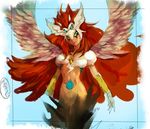  breasts genderswap genderswap_(mtf) inazuma_eleven_(series) inazuma_eleven_go keshin_(inazuma_eleven) large_breasts long_hair majin_pegasus_arc nemutai no_pupils red_hair solo wings yellow_eyes 