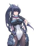  :&lt; black_hair black_legwear bodysuit breasts fangdan_runiu frown hand_on_hip honda_futayo kyoukaisenjou_no_horizon large_breasts long_hair looking_at_viewer pantyhose ponytail purple_eyes simple_background solo white_background 