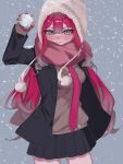 1girl 590kogure590 baobhan_sith_(fate) beanie black_jacket black_skirt blush breasts brown_sweater fate/grand_order fate_(series) gloves grey_eyes grin hat highres jacket long_hair long_sleeves looking_at_viewer medium_breasts pink_gloves pink_hair pink_scarf pointy_ears scarf sidelocks skirt smile snowball solo sweater white_hat 