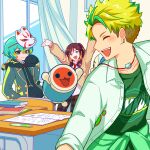 3boys absurdres androgynous animal_ear_hood animal_ears anime_coloring aqua_hair arms_up bandai_namco bear_ears bear_ornament bishounen black_pants blonde_hair blue_hood blue_hoodie blue_sleeves blush book brown_hair brown_jacket brown_sleeve_cuffs brown_sleeves buttons chair classroom closed_eyes closed_mouth clothes_around_waist collarbone collared_shirt color_coordination colored_bangs colored_eyelashes commentary_request crossed_bangs curtains desk dot_nose double-parted_bangs dress_shirt drum ear_piercing earrings english_text fake_animal_ears fox_mask fur_hood gold_buttons green_eyes green_hair green_jacket green_shirt green_sleeves hair_between_eyes headphones highres hood hood_down hoodie humanization hyottoko_mask indoors instrument jacket jacket_around_waist jewelry kabuki_kid_(hyottoko)_(taiko_no_tatsujin) kabuki_kid_(hyottoko)_(wadiverse)_(taiko_no_tatsujin) kabuki_kid_(kitsune)_(taiko_no_tatsujin) kabuki_kid_(kitsune)_(wadiverse)_(taiko_no_tatsujin) kabuki_kid_(okame)_(taiko_no_tatsujin) kabuki_kid_(okame)_(wadiverse)_(taiko_no_tatsujin) komachi_beni lapels layered_sleeves light_blush logo_print long_shirt long_sleeves looking_at_another mask mask_around_neck mask_on_head multicolored_eyes multicolored_hair multiple_boys nagare750 necktie neon_palette nose notched_lapels official_art okame_(mask) one_eye_closed open_book open_clothes open_jacket open_mouth open_shirt orange_hair pants paw_print pen piercing pink_eyes plaid_clothes plaid_pants ponytail print_jacket print_shirt profile purple_eyes red_necktie school_chair school_desk second-party_source shirt short_hair sidelocks silver_earrings single_hair_intake sleeve_cuffs sleeves_past_fingers sleeves_past_wrists sleeves_rolled_up smile solid_circle_eyes spiked_hair streaked_hair sweater_jacket t-shirt taiko_drum taiko_no_tatsujin text_print three-quarter_sleeves tongue tsurime two-tone_eyes two-tone_hair unbuttoned unbuttoned_shirt undercut unworn_mask very_short_hair wada_don white_mask white_shirt white_sleeve_cuffs white_sleeves window wing_collar 