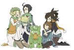  3boys ahoge bel_(pokemon) black_legwear casual cheren_(pokemon) denim denim_shorts gen_5_pokemon glasses gloves hug hug_from_behind laughing legwear_under_shorts long_hair multiple_boys multiple_girls n_(pokemon) no_hat no_headwear orange_legwear pantyhose pokemon pokemon_(creature) pokemon_(game) pokemon_bw ponytail reuniclus scarf sei_(shinkai_parallel) shorts simple_background sitting sleeves_pushed_up solosis touko_(pokemon) touya_(pokemon) winter 