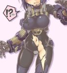  1girl absurdres black_leotard blush bodysuit breasts faceless faceless_female highres large_breasts leotard light mechanical_arm mhjk microphone navel open_mouth oteruko_(wanabeee) power_armor purple_hair red_eyes short_hair surprised tagme torn_clothes 