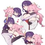  &gt;_&lt; 2girls animal_ears between_breasts blush breasts cleavage closed_eyes closed_mouth commentary face_between_breasts fox_ears genshin_impact head_between_breasts heart hug japanese_clothes kimono large_breasts licking licking_another&#039;s_face long_hair mole mole_under_eye multiple_girls nonons pink_hair purple_eyes purple_hair purple_kimono raiden_shogun simple_background smile sweat white_background yae_miko yuri 