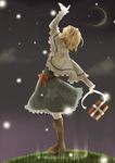  alice_margatroid arm_up blonde_hair book boots capelet crescent_moon cross-laced_footwear dress hairband hidden_face highres knee_boots lace-up_boots moon night sash short_hair solo star touhou yrzirst 