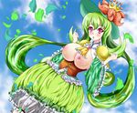  artist_request blush breasts breasts_out breasts_outside crown dress green_hair hat highres large_breasts lilligant personification pixiv_manga_sample pokemon purple_eyes resized shiny shiny_skin yurikuro 