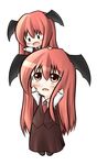  :d :o bad_id bad_pixiv_id bat_wings blush chibi chibi_on_head dual_persona hand_on_own_cheek head_wings koakuma long_hair multiple_girls necktie on_head open_mouth red_eyes red_hair shirt skirt skirt_set smile solid_circle_eyes touhou uruc v-shaped_eyebrows very_long_hair vest wings 