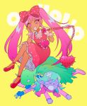  &gt;_&lt; 1girl 2boys blue_gloves blue_skin boots bow captain_spaceboy closed_eyes colored_skin crossed_legs dark-skinned_female dark_skin dress ear_piercing flail g_tsurius gloves green_hair hair_bow hair_ornament hairclip high_heels highres holding_flail long_hair long_sleeves multiple_boys official_alternate_hair_color omori open_mouth piercing pink_boots pink_bow pink_dress pink_eyes pink_hair pointy_ears polka_dot polka_dot_bow puffy_short_sleeves puffy_sleeves purple_skin red_scarf rococo_(omori) scarf short_hair short_sleeves sweetheart_(omori) twintails weapon yellow_background 