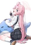  1girl ahoge blue_archive fingerless_gloves full_body gloves halo hatohane_(tonnkotubird) heterochromia highres hoshino_(blue_archive) huge_ahoge inflatable_toy inflatable_whale looking_at_viewer looking_back open_mouth pink_hair pink_halo plaid_clothes plaid_skirt school sitting skirt solo wariza white_background yawning 