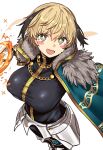  1girl absurdres armor black_pants black_shirt blonde_hair blush blush_stickers breasts cape chain cosplay ebora excalibur_galatine_(fate) fate/grand_order fate_(series) faulds fur-trimmed_cape fur_trim gareth_(fate) gawain_(fate) gawain_(fate)_(cosplay) gawain_(third_ascension)_(fate) gold_trim green_cape green_eyes hair_flaps highres large_breasts long_sleeves looking_at_viewer open_mouth pants shirt short_hair smile solo thighs 
