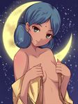  bindi blue_hair blush breasts collarbone crescent_moon dark_skin green_eyes gundam lalah_sune medium_breasts mobile_suit_gundam moon sky solo star taka-kun undressing 