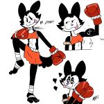 4_toes anthro biceps black_body black_fur bottomwear boxing_gloves chloe_(fellowthewulf) clothing english_text feet fellowthewulf female floating_heart foot_wrapping foot_wrappings foot_wraps fur handwear hi_res kickboxing leg_wrap leg_wraps model_sheet muay_thai muscular muscular_anthro muscular_female shorts smile smug_face smug_smile solo tassels text toes tongue tongue_out toony topwear white_body white_face white_fur wraps