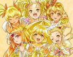  ;d ^_^ blonde_hair bow brooch choker circlet closed_eyes color_connection cure_lemonade cure_muse_(yellow) cure_peace cure_pine cure_sunshine double_bun double_v drill_hair eyelashes fresh_precure! futari_wa_precure futari_wa_precure_max_heart goru_(cure_golgom) green_eyes hair_color_connection hair_flaps hair_ornament hair_ribbon happy heart heart_hair_ornament heartcatch_precure! jewelry kasugano_urara_(yes!_precure_5) kise_yayoi kujou_hikari long_hair middle_finger multiple_girls myoudouin_itsuki one_eye_closed open_mouth orange_choker orange_hair pink_eyes precure ribbon shiny_luminous shirabe_ako short_hair smile smile_precure! suite_precure twintails v wide_ponytail yamabuki_inori yellow yellow_background yellow_bow yellow_choker yellow_eyes yes!_precure_5 
