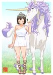  1girl bestiality big_breasts black_hair blush breasts dark_hair eyes_closed grass horse large_breasts machino_henmaru medium_breasts no_bra outdoors sandals short_hair standing unicorn 