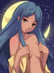  alternate_hairstyle bindi blue_hair blush breasts collarbone crescent_moon dark_skin green_eyes gundam hair_down lalah_sune long_hair medium_breasts mobile_suit_gundam moon sky solo star taka-kun undressing 