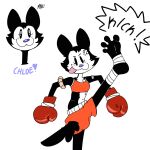 4_toes anthro band-aid bandage black_body black_fur blue_nose bottomwear boxing_gloves chloe_(fellowthewulf) clothing english_text feet fellowthewulf female foot_wrapping foot_wrappings foot_wraps fur handwear hi_res kick kickboxing leg_wrap leg_wraps model_sheet muay_thai shorts smile smug smug_face smug_grin solo tassels text toes tongue tongue_out toony topwear white_body white_face white_fur white_torso wraps