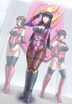 3girls absurdres black_hair blue_eyes boots breasts brown_hair commission corruption dark_persona glasses gundam gundam_00 hand_on_own_hip high_heel_boots high_heels highres large_breasts leebigtree leotard marina_ismail mind_control multiple_girls pantyhose pixiv_commission salute shirin_bakhtiar standing thighhighs wang_liu_mei 