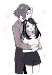  1boy 1girl :d amethio_(pokemon) black_pants black_shorts blue_eyes blue_hair brown_eyes collarbone collared_shirt colored_inner_hair couple grey_hair grey_shirt hair_ornament hairband hairclip head_on_head head_rest hetero highres hug hug_from_behind liko_(pokemon) limited_palette long_sleeves looking_up multicolored_hair oka_3776 pants pokemon pokemon_(anime) pokemon_horizons shirt short_shorts short_sleeves shorts sketch smile t-shirt two-tone_hair white_background white_hairband white_shirt wing_collar 