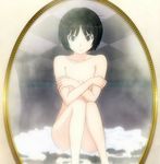 black_hair bob_cut brown_eyes censored checkered convenient_censoring covering covering_breasts crossed_arms flat_chest frown highres messy_hair mirror nude on_floor reflection screencap short_hair sitting solo stitched tachibana_miya towel wet 