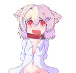  animal_ears borrowed_character breasts collar dog_ears fang nude original paw_ornament red_eyes shirt simple_background small_breasts solo tears tsukineko_noel 