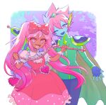  1boy 1girl black_pants blue_gloves blue_skin bow cape captain_spaceboy colored_skin dark-skinned_female dark_skin double-parted_bangs dress fingerless_gloves flail g_tsurius gloves green_cape hair_bow holding_flail long_hair long_sleeves looking_at_viewer omori one_eye_closed open_mouth pants pink_bow pink_dress pink_eyes pink_hair polka_dot polka_dot_bow puffy_short_sleeves puffy_sleeves short_sleeves smile sweetheart_(omori) twintails weapon 