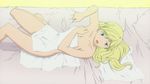  1girl bed bed_sheet blonde_hair breasts cleavage enomoto_kei green_eyes hatsukoi_limited long_hair lying open_mouth photo sheets towel 