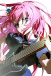  1girl 333takoyaki absurdres black_shirt blue_eyes bocchi_the_rock! breasts electric_guitar gotoh_hitori guitar hair_ornament highres holding holding_guitar holding_instrument instrument looking_at_viewer pink_hair shirt short_sleeves simple_background solo teeth upper_body white_background 