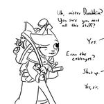  black_and_white dialog dovahkiin english_text feline female humor katia_managan khajiit line_art mammal monochrome oblivion one_eye_closed plain_background prequel solo text the_elder_scrolls the_elder_scrolls_iv:_oblivion unknown_artist video_games walking white_background 