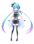  aoki_lapis blue_eyes blue_hair gloves gradient_hair hair_ornament long_hair multicolored_hair navel open_mouth ousaka_nozomi outstretched_wrists shorts simple_background solo striped striped_legwear thighhighs tourmaline twintails vertical-striped_legwear vertical_stripes very_long_hair vocaloid 