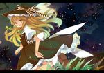  alitou back bad_id bad_pixiv_id blonde_hair blush braid cloud full_moon grass hat kirisame_marisa long_hair moon night open_mouth skirt sky smile solo star_(sky) starry_sky touhou witch_hat yellow_eyes 