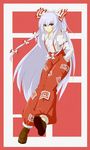  fujiwara_no_mokou hands_in_pockets highres leon_(mikiri_hassha) long_hair red_eyes smile solo touhou very_long_hair 