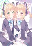  2girls :d animal_ear_headphones animal_ears apron artist_name between_legs black_dress black_tail blonde_hair blue_archive blue_bow blue_bowtie blush bow bowtie cat_ear_headphones cat_ears cat_tail collared_dress commentary contrast_collar dot_nose dress fake_animal_ears fake_tail fang frilled_apron frills green_bow green_eyes green_halo hair_bow halo hand_between_legs hand_up headphones highres leaning_forward long_sleeves looking_at_viewer maid maid_apron maid_headdress midori_(blue_archive) midori_(maid)_(blue_archive) moeno_uni momoi_(blue_archive) momoi_(maid)_(blue_archive) multiple_girls official_alternate_costume official_alternate_hairstyle open_mouth pantyhose parted_bangs parted_lips pink_bow pink_eyes pink_halo puffy_long_sleeves puffy_sleeves short_hair short_twintails siblings sidelocks sisters sitting skin_fang smile tail twins twintails w watermark white_apron white_background white_headdress white_pantyhose 