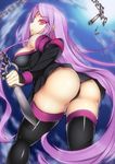  ass black_legwear black_panties breasts chain facial_mark fate/stay_night fate_(series) forehead_mark from_behind large_breasts long_hair looking_back panties purple_hair red_eyes rider shiny shiny_skin solo thighhighs underwear very_long_hair watanuki_kaname weapon 
