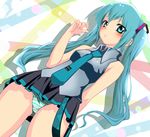  aqua_eyes aqua_hair from_below hatsune_miku highres long_hair looking_at_viewer necktie panties skirt solo striped striped_panties terun twintails underwear vocaloid 