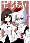  animal_ears brown_hair dr_pepper food hand_on_hip inubashiri_momiji leon_(mikiri_hassha) multiple_girls pocky red_eyes shameimaru_aya short_hair touhou wolf_ears 