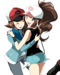  1girl ^_^ bad_id bad_pixiv_id baseball_cap blue_eyes brown_hair closed_eyes denim denim_shorts hat hirococo hug jacket long_hair looking_at_viewer lowres open_mouth pokemon pokemon_(game) pokemon_bw ponytail short_hair shorts simple_background smile touko_(pokemon) touya_(pokemon) vest wristband 