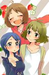  akizuki_ryou antenna_hair bad_id bad_pixiv_id blue_eyes blue_hair blush brown_hair dearly_stars green_eyes hair_ornament hairclip hidaka_ai idolmaster idolmaster_dearly_stars mizutani_eri open_mouth otoko_no_ko short_hair smile warabeshi 