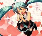  :d aqua_hair closed_eyes detached_sleeves hands_together happy hatsune_miku heart hirococo jumping long_hair necktie open_mouth own_hands_together skirt smile solo sparkle thighhighs twintails very_long_hair vocaloid 