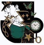  1boy black_hair blue_eyes bug butterfly chain clamchowder55 clock coat earrings flat_color green_butterfly green_shirt hat high_collar highres jewelry jojo_no_kimyou_na_bouken kujo_jotaro limited_palette male_focus peaked_cap pectoral_cleavage pectorals shirt solo star_(symbol) stone_ocean stud_earrings watch yellow_blood 