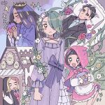  2boys 3girls :&lt; :d alternate_costume apple apron basket black_hair black_jacket black_vest blonde_hair blue_necktie bow bowtie braid cloak collared_shirt cosplay dress earrings flower food fruit geeta_(pokemon) green_hair grey_background grey_eyes hair_flower hair_ornament hassel_(pokemon) highres holding holding_basket holding_food holding_fruit hood hood_up hooded_cloak jacket jewelry larry_(pokemon) little_red_riding_hood_(fairy_tale_character) little_red_riding_hood_(fairy_tale_character)_(cosplay) long_hair looking_at_viewer multiple_boys multiple_girls necktie orange_flower orange_rose pokemon pokemon_sv ponytail poppy_(pokemon) purple_bow purple_dress purple_flower purple_rose rapunzel_(disney) rapunzel_(disney)_(cosplay) red_bow red_bowtie red_cloak red_eyes red_flower red_necktie red_rose remoooon rika_(pokemon) rose shirt simple_background smile standing thorns upper_body vest white_apron white_shirt 