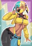  1girl absurdres aqua_hair bandeau black_mask blonde_hair breasts canari_(pokemon) center-flap_bangs criss-cross_halter halterneck highres jacket long_sleeves mask medium_breasts mega_stone mouth_mask multicolored_hair navel one_eye_closed pokemon pokemon_legends:_z-a short_twintails solo split-color_hair stomach twintails two-tone_mask yasu_suupatenin yellow_bandeau yellow_jacket yellow_mask 