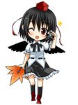  asahana_jun black_hair blush camera chibi full_body geta looking_at_viewer lowres one_eye_closed open_mouth shameimaru_aya short_hair simple_background smile solo tengu-geta touhou wings 