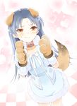  animal_ears bad_id bad_pixiv_id blue_hair brown_eyes capelet collar dog_ears dog_tail embarrassed gloves heart heart_background idolmaster idolmaster_(classic) kemonomimi_mode kisaragi_chihaya komi_zumiko long_hair paw_gloves paws skirt smile solo sparkle tail wavy_mouth 