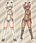  alternate_color armpits black_vs_white blonde_hair brown_background copyright_request dark_skin dual_persona eyepatch flat_chest glasses grey_legwear hand_behind_head kneehighs multiple_girls navel nipple_slip nipples one_eye_closed red_hair shoes short_hair smile standing wamusato_haru white_legwear 