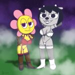 anthro armwear bedroom_eyes big_breasts boots bovid bra breasts caprine choker cleavage clothed clothing curvy_figure duo elbow_gloves female flower footwear gloves grey_body grey_skin hands_behind_head handwear hi_res high_heels humanoid jewelry kamirappa legwear lingerie lipstick looking_at_viewer makeup mammal narrowed_eyes necklace nipple_outline parappa_the_rapper plant rammy_lamb seductive sheep shoes sony_corporation sony_interactive_entertainment standing stockings sunny_funny thong um_jammer_lammy underwear voluptuous yellow_body